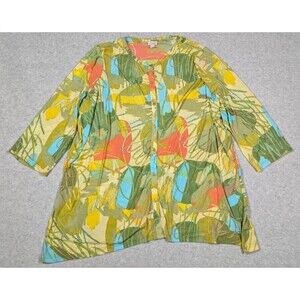 LOGO Layers Women Top 3X Wearable Art Nylon Mesh Sheer Abstract Button Front‎